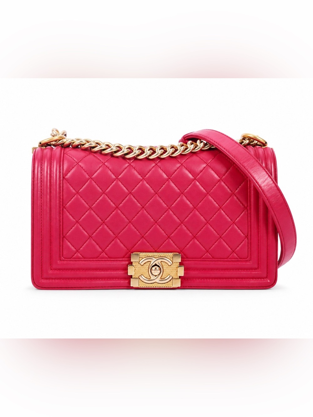 CHANEL Pink Quilted Boy Crossbody with Gold Hardware
